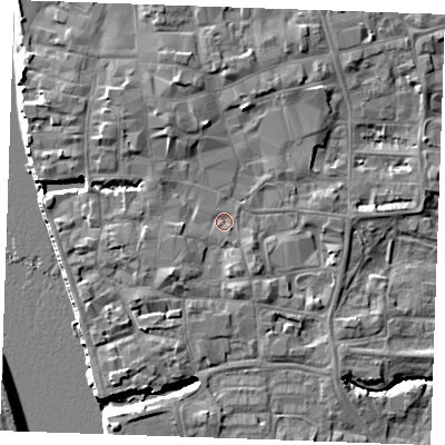 Shaded relief map of the ground around PE301EW, computed from Environment Agency LiDAR. The ground here sits at about 5 m above sea level and falls 9 m across the surrounding 800 m. Surface water reaching this point runs off ground lying to the south-west, 2.8 m higher.