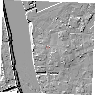 Shaded relief map of the ground around PE301EZ, computed from Environment Agency LiDAR. The ground here sits at about 5 m above sea level and falls 8 m across the surrounding 800 m. Surface water reaching this point runs off ground lying to the east-south-east, 1.7 m higher.