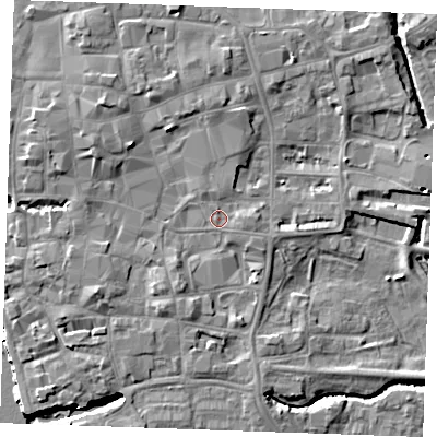 Shaded relief map of the ground around PE301FA, computed from Environment Agency LiDAR. The ground here sits at about 5 m above sea level and falls 9 m across the surrounding 800 m. Surface water reaching this point runs off ground lying to the north-north-west, 0.9 m higher.