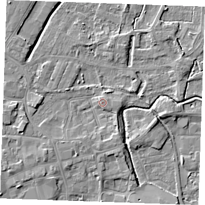 Shaded relief map of the ground around PE301FB, computed from Environment Agency LiDAR. The ground here sits at about 5 m above sea level and falls 7 m across the surrounding 800 m. Surface water reaching this point runs off ground lying to the south-south-east, 2.6 m higher.