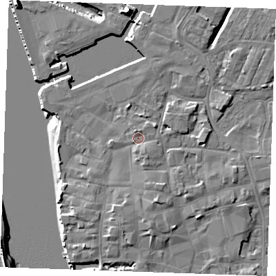 Shaded relief map of the ground around PE301FE, computed from Environment Agency LiDAR. The ground here sits at about 6 m above sea level and falls 13 m across the surrounding 800 m. Surface water reaching this point runs off ground lying to the south-south-east, 1.5 m higher.