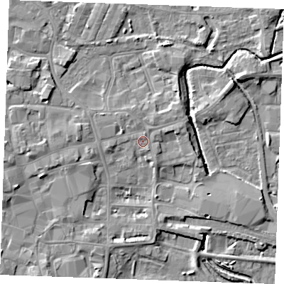 Shaded relief map of the ground around PE301FF, computed from Environment Agency LiDAR. The ground here sits at about 5 m above sea level and falls 6 m across the surrounding 800 m. Surface water reaching this point runs off ground lying to the west-north-west, 1.7 m higher.