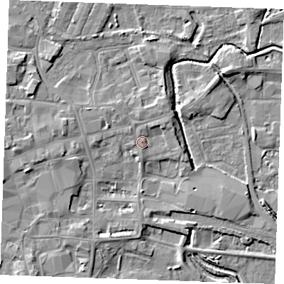 Shaded relief map of the ground around PE301GD, computed from Environment Agency LiDAR. The ground here sits at about 5 m above sea level and falls 6 m across the surrounding 800 m. Surface water reaching this point runs off ground lying to the west-north-west, 2.1 m higher.