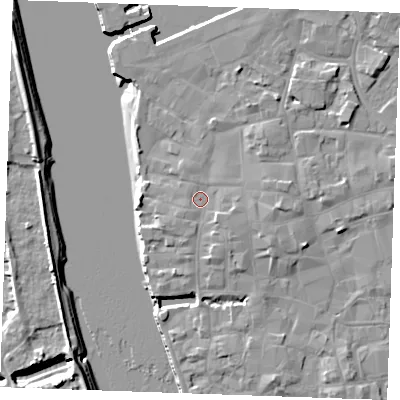 Shaded relief map of the ground around PE301HA, computed from Environment Agency LiDAR. The ground here sits at about 5 m above sea level and falls 8 m across the surrounding 800 m. Surface water reaching this point runs off ground lying to the east-south-east, 1.7 m higher.