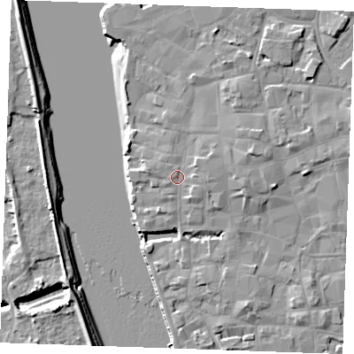 Shaded relief map of the ground around PE301HB, computed from Environment Agency LiDAR. The ground here sits at about 6 m above sea level and falls 8 m across the surrounding 800 m. Surface water reaching this point runs off ground lying to the east-north-east, 1.2 m higher.