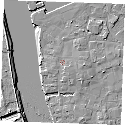 Shaded relief map of the ground around PE301HE, computed from Environment Agency LiDAR. The ground here sits at about 5 m above sea level and falls 8 m across the surrounding 800 m. Surface water reaching this point runs off ground lying to the east-south-east, 1.7 m higher.