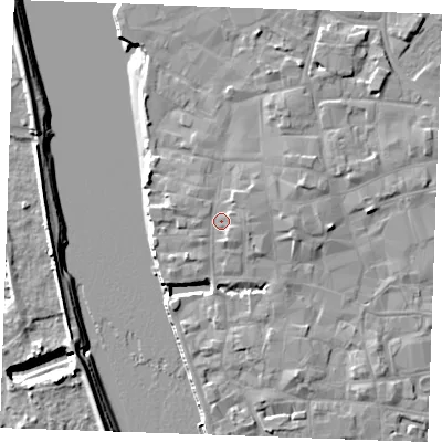 Shaded relief map of the ground around PE301HJ, computed from Environment Agency LiDAR. The ground here sits at about 6 m above sea level and falls 8 m across the surrounding 800 m. Surface water reaching this point runs off ground lying to the north-north-east, 1.2 m higher.