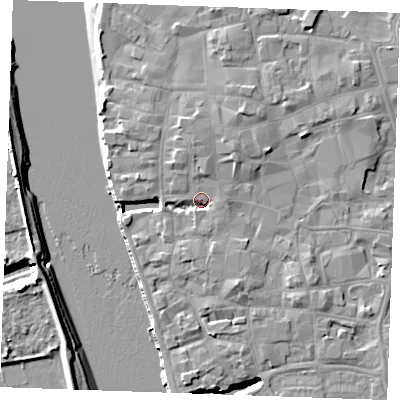 Shaded relief map of the ground around PE301HL, computed from Environment Agency LiDAR. The ground here sits at about 5 m above sea level and falls 8 m across the surrounding 800 m. Surface water reaching this point runs off ground lying to the south, 3.3 m higher.