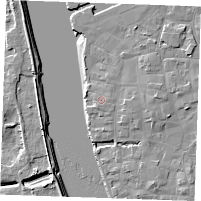 Shaded relief map of the ground around PE301HN, computed from Environment Agency LiDAR. The ground here sits at about 6 m above sea level and falls 9 m across the surrounding 800 m. Surface water reaching this point runs off ground lying to the east, 0.9 m higher.