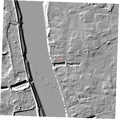 Shaded relief map of the ground around PE301HP, computed from Environment Agency LiDAR. The ground here sits at about 6 m above sea level and falls 9 m across the surrounding 800 m. Surface water reaching this point runs off ground lying to the north-north-west, 1.1 m higher.