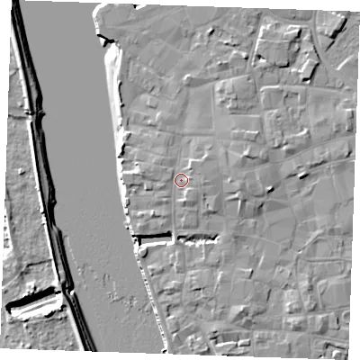Shaded relief map of the ground around PE301HQ, computed from Environment Agency LiDAR. The ground here sits at about 6 m above sea level and falls 8 m across the surrounding 800 m. Surface water reaching this point runs off ground lying to the north-east, 1.2 m higher.