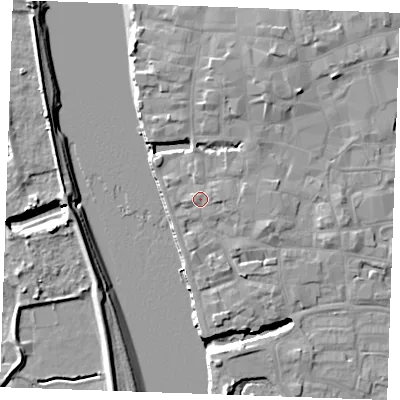 Shaded relief map of the ground around PE301HT, computed from Environment Agency LiDAR. The ground here sits at about 6 m above sea level and falls 10 m across the surrounding 800 m. Surface water reaching this point runs off ground lying to the east, 1.3 m higher.