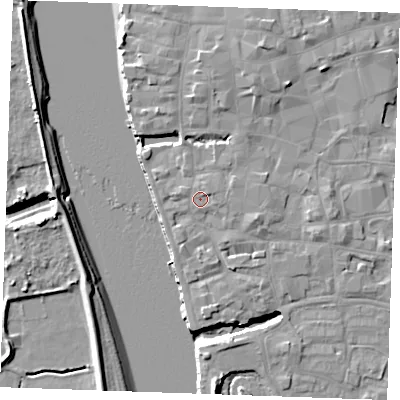 Shaded relief map of the ground around PE301HU, computed from Environment Agency LiDAR. The ground here sits at about 6 m above sea level and falls 10 m across the surrounding 800 m. Surface water reaching this point runs off ground lying to the east-north-east, 1.3 m higher.