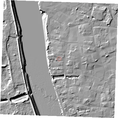 Shaded relief map of the ground around PE301HW, computed from Environment Agency LiDAR. The ground here sits at about 6 m above sea level and falls 9 m across the surrounding 800 m. Surface water reaching this point runs off ground lying to the west-north-west, 1.3 m higher.