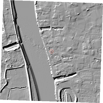 Shaded relief map of the ground around PE301HX, computed from Environment Agency LiDAR. The ground here sits at about 5 m above sea level and falls 10 m across the surrounding 800 m. Surface water reaching this point runs off ground lying to the south-south-west, 1.3 m higher.