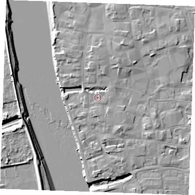 Shaded relief map of the ground around PE301HY, computed from Environment Agency LiDAR. The ground here sits at about 5 m above sea level and falls 9 m across the surrounding 800 m. Surface water reaching this point runs off ground lying to the south, 2.7 m higher.
