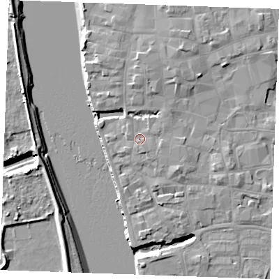 Shaded relief map of the ground around PE301HZ, computed from Environment Agency LiDAR. The ground here sits at about 6 m above sea level and falls 9 m across the surrounding 800 m. Surface water reaching this point runs off ground lying to the south-south-east, 1.6 m higher.