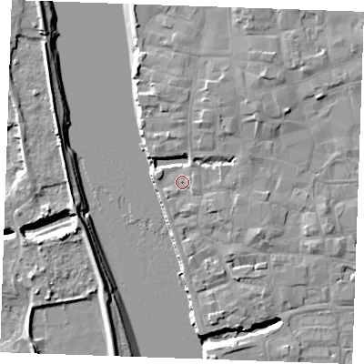 Shaded relief map of the ground around PE301JE, computed from Environment Agency LiDAR. The ground here sits at about 5 m above sea level and falls 9 m across the surrounding 800 m. Surface water reaching this point runs off ground lying to the east-south-east, 1.2 m higher.