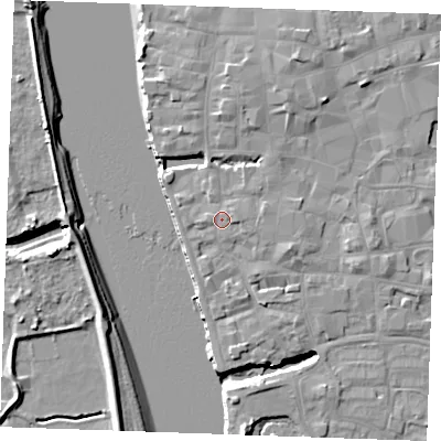 Shaded relief map of the ground around PE301JG, computed from Environment Agency LiDAR. The ground here sits at about 6 m above sea level and falls 10 m across the surrounding 800 m. Surface water reaching this point runs off ground lying to the east, 1.3 m higher.