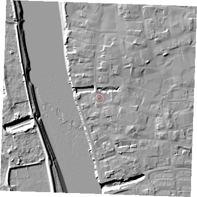 Shaded relief map of the ground around PE301JH, computed from Environment Agency LiDAR. The ground here sits at about 6 m above sea level and falls 9 m across the surrounding 800 m. Surface water reaching this point runs off ground lying to the south-south-east, 2.1 m higher.