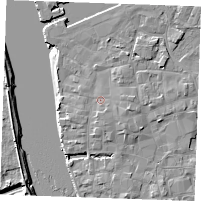 Shaded relief map of the ground around PE301JJ, computed from Environment Agency LiDAR. The ground here sits at about 6 m above sea level and falls 8 m across the surrounding 800 m. Surface water reaching this point runs off ground lying to the south-south-east, 1.7 m higher.