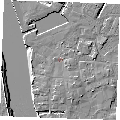 Shaded relief map of the ground around PE301JN, computed from Environment Agency LiDAR. The ground here sits at about 5 m above sea level and falls 12 m across the surrounding 800 m. Surface water reaching this point runs off ground lying to the south-south-east, 2.8 m higher.