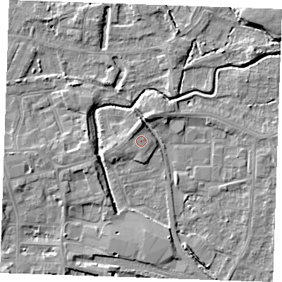 Shaded relief map of the ground around PE301JQ, computed from Environment Agency LiDAR. The ground here sits at about 5 m above sea level and falls 6 m across the surrounding 800 m. Surface water reaching this point runs off ground lying to the north-north-west, 1.6 m higher.