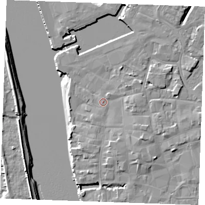 Shaded relief map of the ground around PE301JW, computed from Environment Agency LiDAR. The ground here sits at about 6 m above sea level and falls 8 m across the surrounding 800 m. Surface water reaching this point runs off ground lying to the south-east, 2.8 m higher.