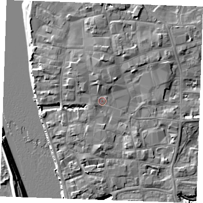 Shaded relief map of the ground around PE301JY, computed from Environment Agency LiDAR. The ground here sits at about 5 m above sea level and falls 8 m across the surrounding 800 m. Surface water reaching this point runs off ground lying to the north, 3.0 m higher.
