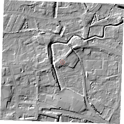 Shaded relief map of the ground around PE301LA, computed from Environment Agency LiDAR. The ground here sits at about 5 m above sea level and falls 6 m across the surrounding 800 m. Surface water reaching this point runs off ground lying to the north-east, 1.7 m higher.