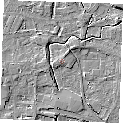 Shaded relief map of the ground around PE301LD, computed from Environment Agency LiDAR. The ground here sits at about 5 m above sea level and falls 6 m across the surrounding 800 m. Surface water reaching this point runs off ground lying to the north-north-east, 1.6 m higher.