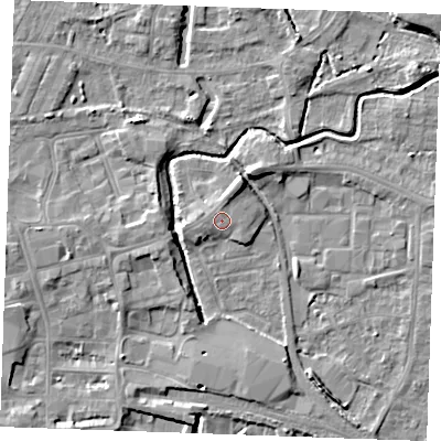 Shaded relief map of the ground around PE301LE, computed from Environment Agency LiDAR. The ground here sits at about 5 m above sea level and falls 6 m across the surrounding 800 m. Surface water reaching this point runs off ground lying to the north-north-east, 1.9 m higher.