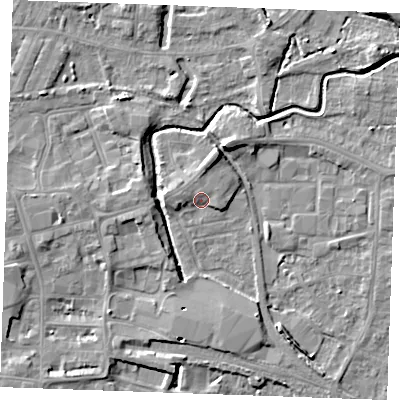 Shaded relief map of the ground around PE301LF, computed from Environment Agency LiDAR. The ground here sits at about 4 m above sea level and falls 6 m across the surrounding 800 m. Surface water reaching this point runs off ground lying to the north-north-east, 3.3 m higher.