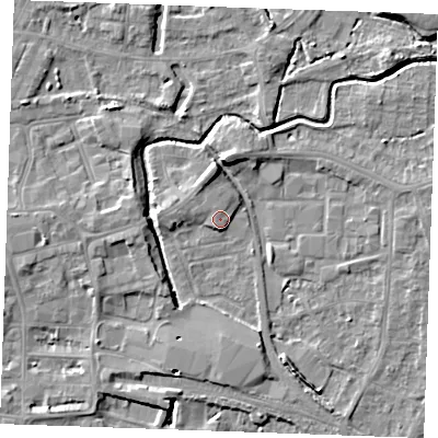 Shaded relief map of the ground around PE301LG, computed from Environment Agency LiDAR. The ground here sits at about 4 m above sea level and falls 6 m across the surrounding 800 m. Surface water reaching this point runs off ground lying to the north-north-west, 2.2 m higher.