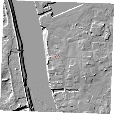 Shaded relief map of the ground around PE301LJ, computed from Environment Agency LiDAR. The ground here sits at about 5 m above sea level and falls 8 m across the surrounding 800 m. Surface water reaching this point runs off ground lying to the east, 1.2 m higher.