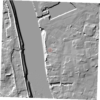 Shaded relief map of the ground around PE301LL, computed from Environment Agency LiDAR. The ground here sits at about 5 m above sea level and falls 8 m across the surrounding 800 m. Surface water reaching this point runs off ground lying to the south-south-west, 2.4 m higher.