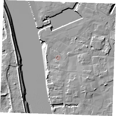 Shaded relief map of the ground around PE301LN, computed from Environment Agency LiDAR. The ground here sits at about 5 m above sea level and falls 8 m across the surrounding 800 m. Surface water reaching this point runs off ground lying to the south-south-east, 1.6 m higher.