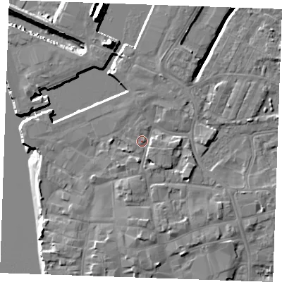 Shaded relief map of the ground around PE301LT, computed from Environment Agency LiDAR. The ground here sits at about 5 m above sea level and falls 15 m across the surrounding 800 m. Surface water reaching this point runs off ground lying to the south, 2.0 m higher.