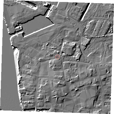 Shaded relief map of the ground around PE301LY, computed from Environment Agency LiDAR. The ground here sits at about 6 m above sea level and falls 13 m across the surrounding 800 m. Surface water reaching this point runs off ground lying to the south, 0.9 m higher.
