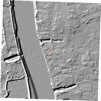 Shaded relief map of the ground around PE301LZ, computed from Environment Agency LiDAR. The ground here sits at about 5 m above sea level and falls 9 m across the surrounding 800 m. Surface water reaching this point runs off ground lying to the north-north-east, 1.4 m higher.