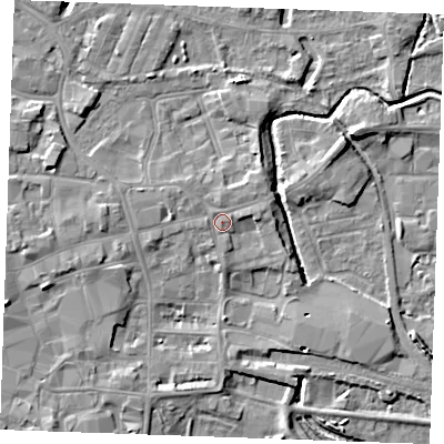 Shaded relief map of the ground around PE301ND, computed from Environment Agency LiDAR. The ground here sits at about 5 m above sea level and falls 7 m across the surrounding 800 m. Surface water reaching this point runs off ground lying to the west, 1.7 m higher.