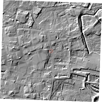 Shaded relief map of the ground around PE301NE, computed from Environment Agency LiDAR. The ground here sits at about 5 m above sea level and falls 6 m across the surrounding 800 m. Surface water reaching this point runs off ground lying to the west-north-west, 2.3 m higher.