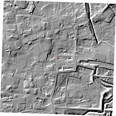 Shaded relief map of the ground around PE301NF, computed from Environment Agency LiDAR. The ground here sits at about 4 m above sea level and falls 6 m across the surrounding 800 m. Surface water reaching this point runs off ground lying to the south-west, 3.5 m higher.