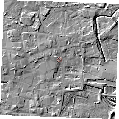 Shaded relief map of the ground around PE301NG, computed from Environment Agency LiDAR. The ground here sits at about 5 m above sea level and falls 6 m across the surrounding 800 m. Surface water reaching this point runs off ground lying to the west-north-west, 2.3 m higher.