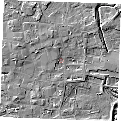 Shaded relief map of the ground around PE301NJ, computed from Environment Agency LiDAR. The ground here sits at about 4 m above sea level and falls 6 m across the surrounding 800 m. Surface water reaching this point runs off ground lying to the south, 3.5 m higher.