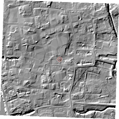 Shaded relief map of the ground around PE301NL, computed from Environment Agency LiDAR. The ground here sits at about 6 m above sea level and falls 8 m across the surrounding 800 m. Surface water reaching this point runs off ground lying to the north-west, 1.0 m higher.