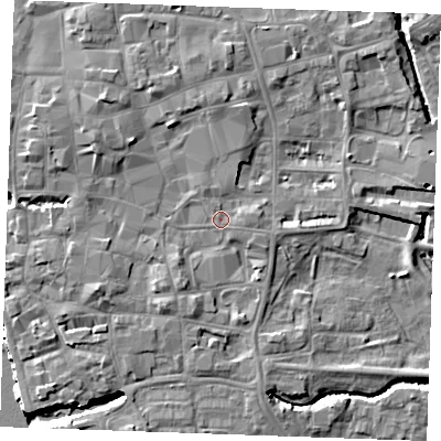 Shaded relief map of the ground around PE301NN, computed from Environment Agency LiDAR. The ground here sits at about 5 m above sea level and falls 9 m across the surrounding 800 m. Surface water reaching this point runs off ground lying to the north-west, 3.3 m higher.