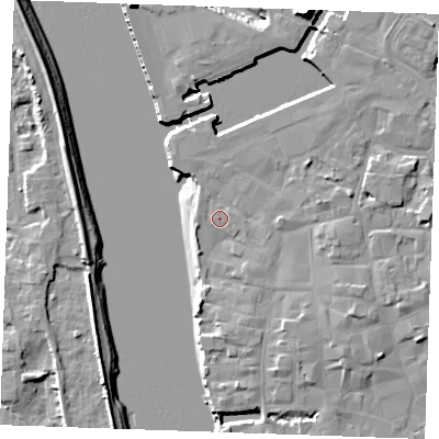 Shaded relief map of the ground around PE301NQ, computed from Environment Agency LiDAR. The ground here sits at about 5 m above sea level and falls 13 m across the surrounding 800 m. Surface water reaching this point runs off ground lying to the south-east, 3.2 m higher.