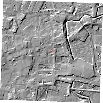Shaded relief map of the ground around PE301NR, computed from Environment Agency LiDAR. The ground here sits at about 5 m above sea level and falls 6 m across the surrounding 800 m. Surface water reaching this point runs off ground lying to the north-west, 1.7 m higher.