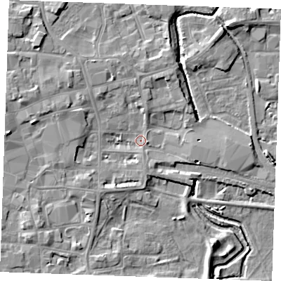 Shaded relief map of the ground around PE301NS, computed from Environment Agency LiDAR. The ground here sits at about 4 m above sea level and falls 6 m across the surrounding 800 m. Surface water reaching this point runs off ground lying to the west-north-west, 4.1 m higher.